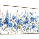tigeridge Blue Floral Framed Wall Art - Vibrant Blue White Iris and Daisy Canvas Pictures Wall Decor Flower Painting Artwork Elegant Botanical Prints Living Room Decor 40 x 20in, Natural Wood Frame