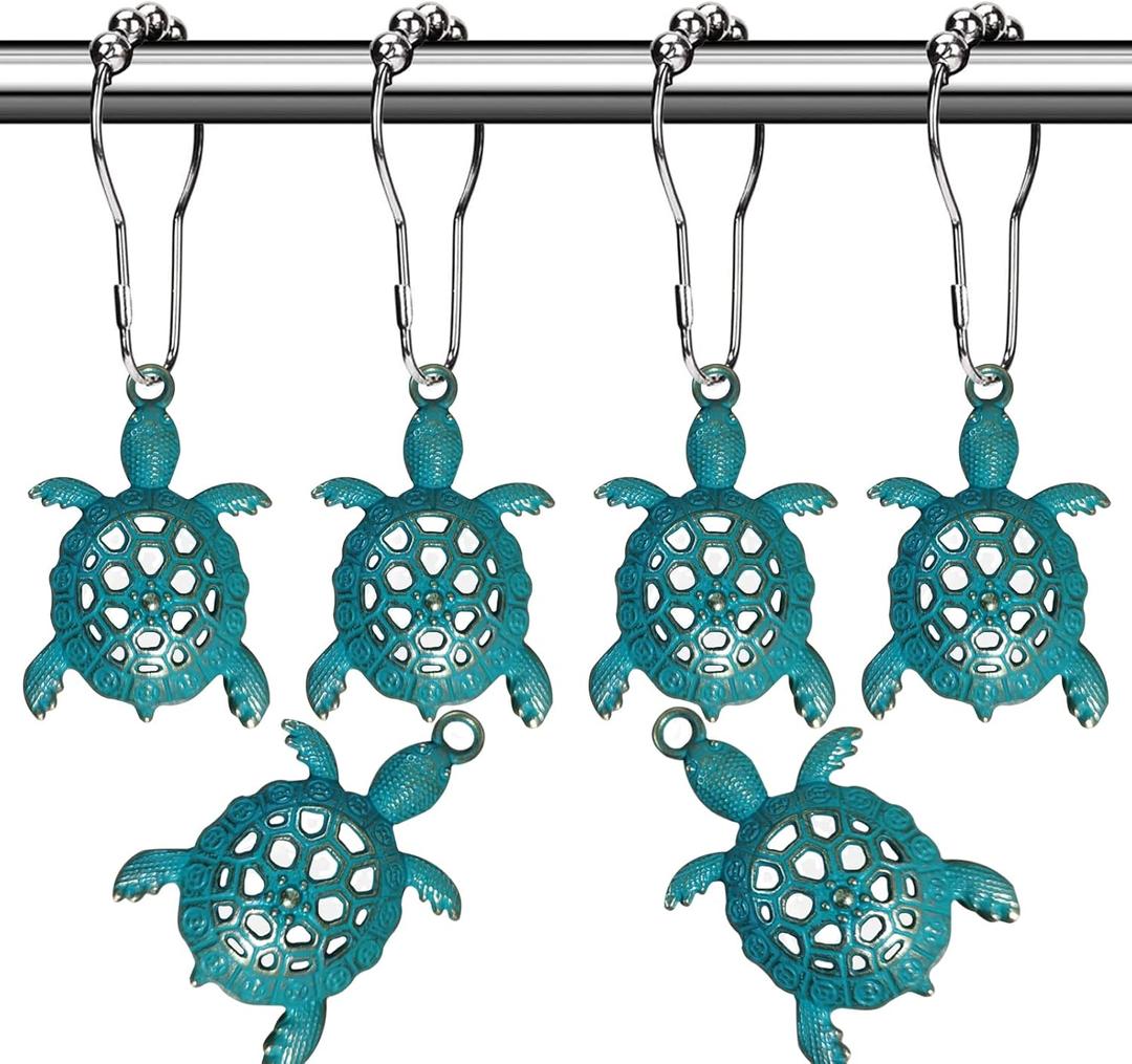 Nautical Green Sea Turtles Beach Theme Shower Curtain Hooks, Blue Ocean Decor Shower Hooks for Shower Curtain, Tropical Shower Curtain Rings Rust Proof Shower Curtain Hanger Clips