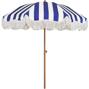 AMMSUN Boho Fringe Umbrella Outdoor Patio, 6.5ft UPF50+ Picnic Umbrella with Tassels with Steel Pole and Push Button Tilt, Blue Stripes