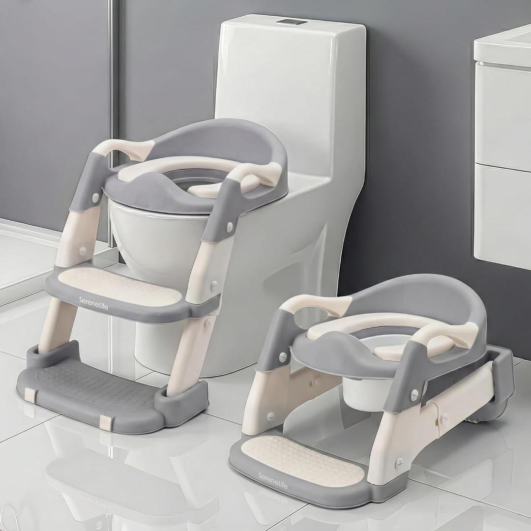 SereneLife 2-in-1 Potty Chair & Potty Training Seat with Step Stool Ladder - Height Adjustable Kids/Toddler Toilet Seat with Stable Anti-Slip Design, Cushioned Seat & Splash Guard For Boys Girls (Gray)