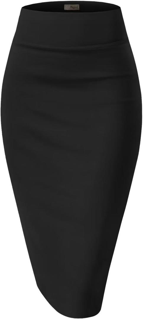 Hybrid & Company Women's Premium Nylon Ponte Stretch High Waist Pencil Suit Skirt Below Knee (Black, XL)