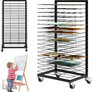 Art Drying Rack with 18 Removable Shelves,Art Drying Rack for Classroom with Locking Wheels,Art Canvas Storage Rack for Classrooms & Art Studios, Black, 27 Shelves
