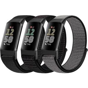 Sport Loop Nylon Watch Bands Compatible with Fitbit Charge 6/5, Adjustable Breathable Replacement Soft Nylon Loop Wristband for Women/Men (Dark Black+Official Black+Iron Grey)