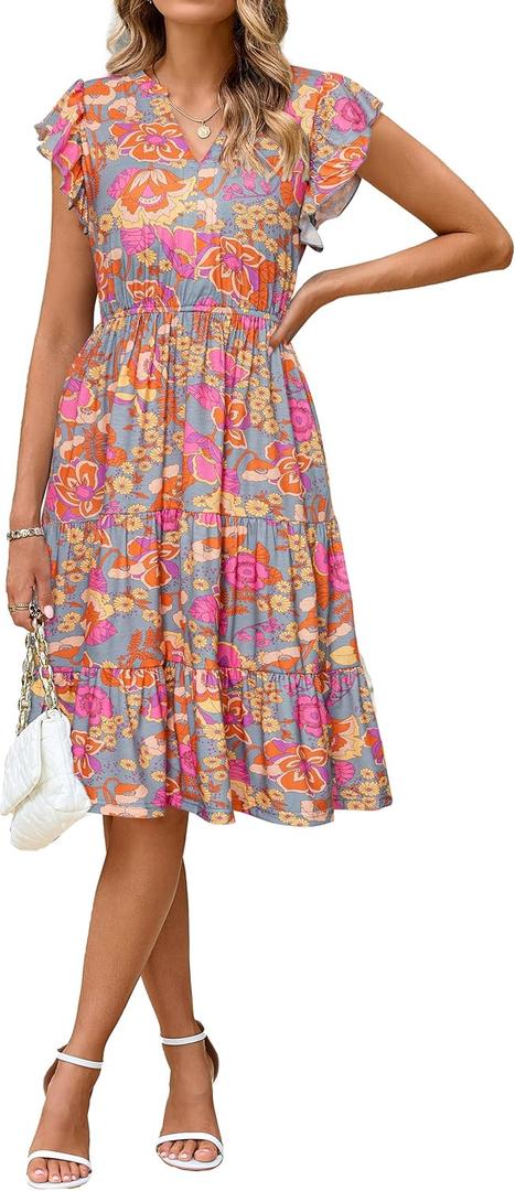 Glamaker Floral Tiered Midi Sundress Casual Summer V Neck Flutter Sleeve Striped Sun Dress with Pockets (Medium, B-orange Floral)