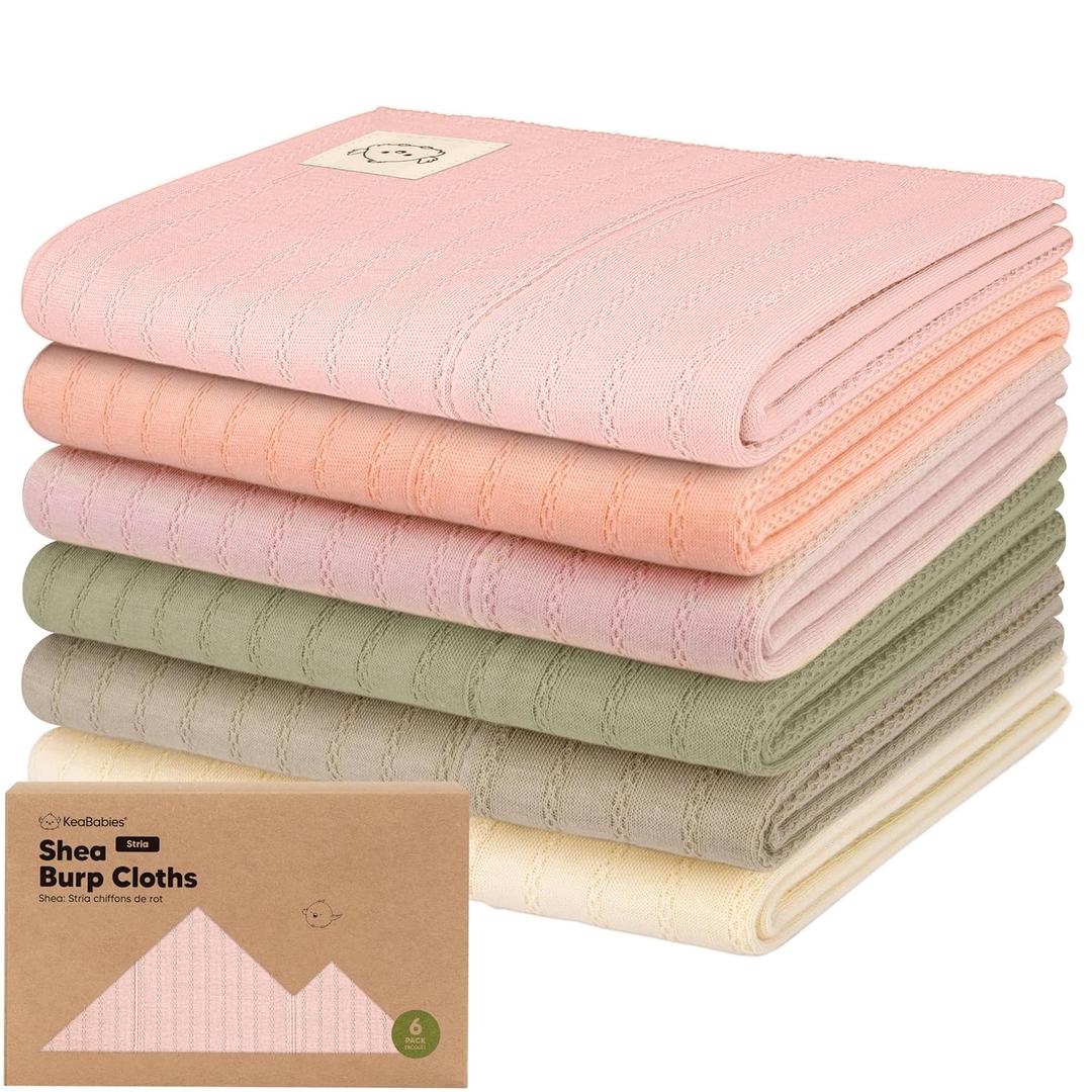 KeaBabies Organic Cotton Burp Cloths Baby Girl, Boy - 6-Pack Large Burping Clothes for Babies, Spit Up Rags, Super Soft & Absorbent Newborn Wash Towels, Gender Neutral, Non-Shrink (Stria, Embrace), Date of manufacture 09-2025