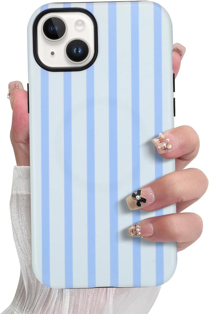 SOKAD Magnetic Vertical Stripes Phone Case for iPhone 15, Cute Light Blue Striped Line Pattern Compatible with Magsafe Matte Protective Case Cover with Screen Protector for Girls Women
