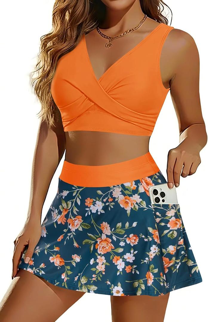 Aqua Eve Two Piece Bikini Skirt Swimsuit - 2 Piece Bathing Suits for Women High Waisted with Pockets 2026 Swimwear (L, Orange Flowers)