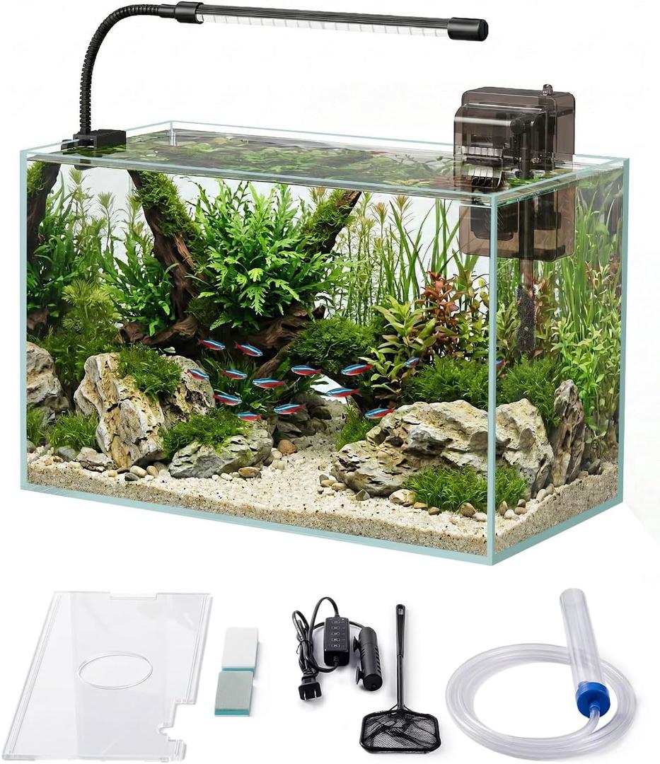 Glass Fish Tank Kit, 5 Gallon Betta Fish Tank Aquarium Starter Kit with Filter, Lights, Lid, for Betta, Goldfish, Small Fish or shrimg, Clear