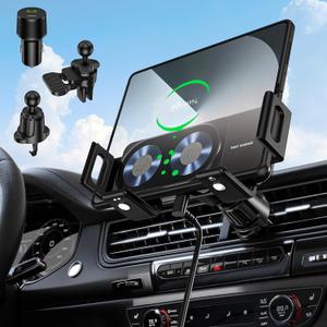 Wireless Car Charger Mount, 15W Dual Coil One-Touch Rotatable Car Phone Holder Wireless Charger for Samsung Galaxy Z Fold 7/6/5/4/3/2, Z Flip, S25/S24/S23/S22, iPhone, Car Charger Included