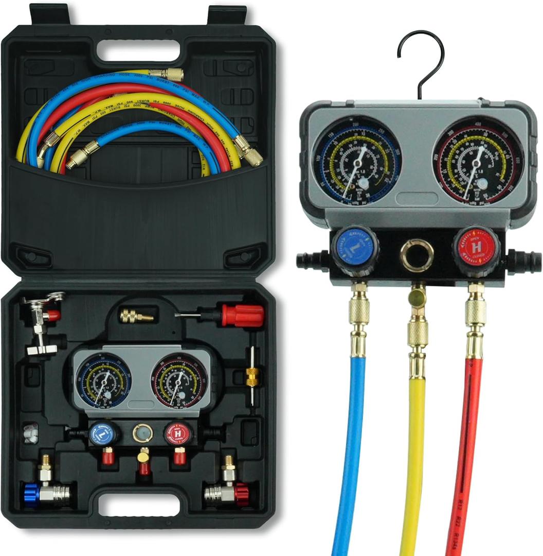 3 Way AC Gauge SetHVAC Gauges for R134a R410a R12 R22 R502 RefrigerantRefrigerant Gauge Kit with 5FT HosesAnti-Collision DialR410a AdapterPuncturing Can Tap