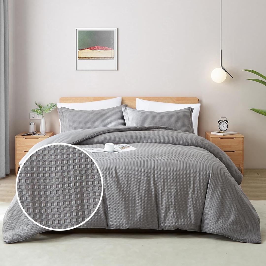 BOLINLIVING Waffle Weave Duvet Cover Queen Size, 3PCS Microfiber Duvet Cover with 2 Pillow Shams, Grey Textured Soft Comforter Cover for All Season with Zipper Closure and Corner Ties