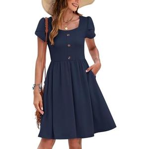 MOLERANI Women Summer Dresses Petal Sleeve Casual Square Neck Sundress Button Down 2025 Vacation Dress with Pockets, L