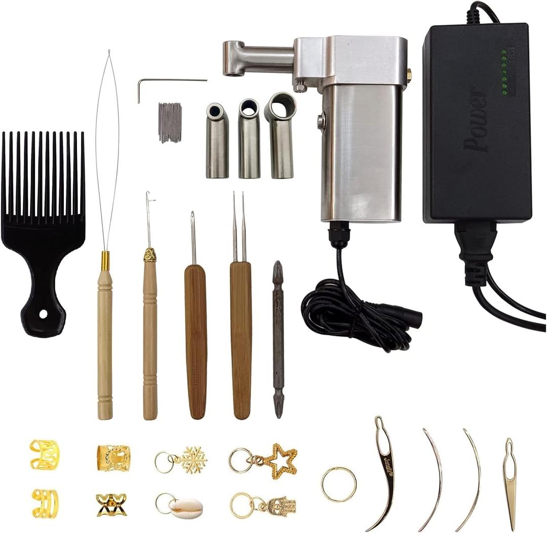 Dreadlock Machine, Dreadlock Machine Kit Automatic Loc Machine with Multiple Tools 3 Replacement Holes(0.2/0.39/0.63in) Dreadlocks Jewelry Barber Hair Brush Hair Locking Tools Dreadlock Crochet Hook