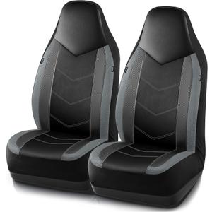 PIC AUTO Leather Car Seat Covers, Sports Carbon Fiber & Mesh Design, High-Back Two Front Set, Waterproof Automotive Seat Covers, Airbag Compatible, Universal Fit for Most Cars (Black & Gray)