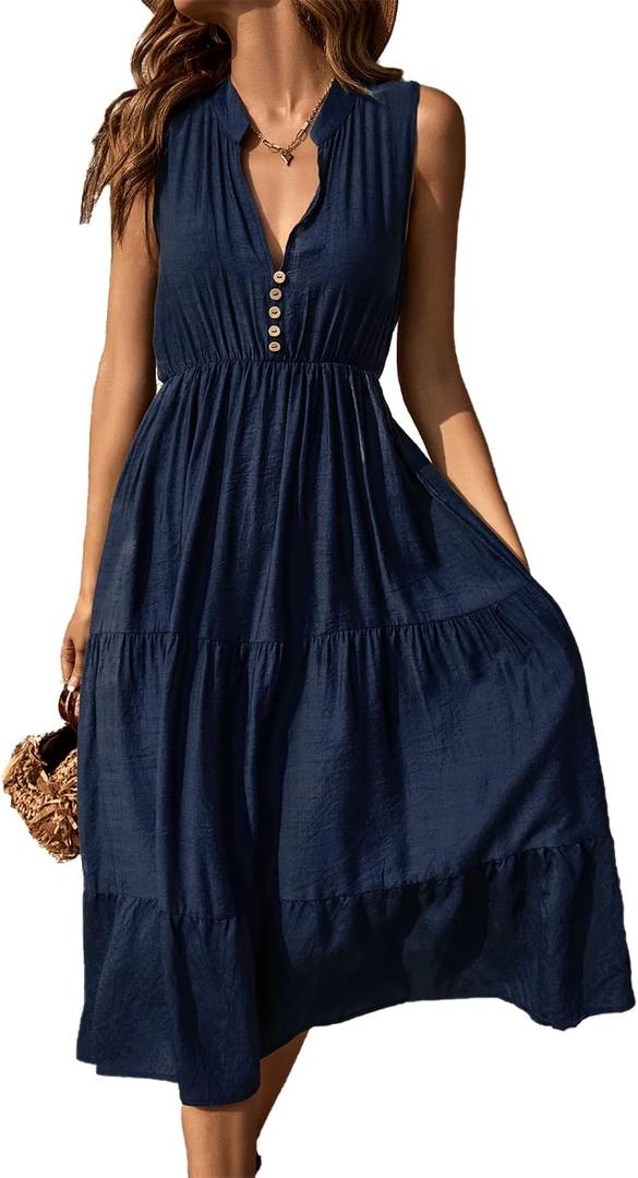 BROVAVE Womens 2025 Summer Sleeveless Shirt Dress Collar Striped V Neck Casual Midi Dresses (Blue, M)