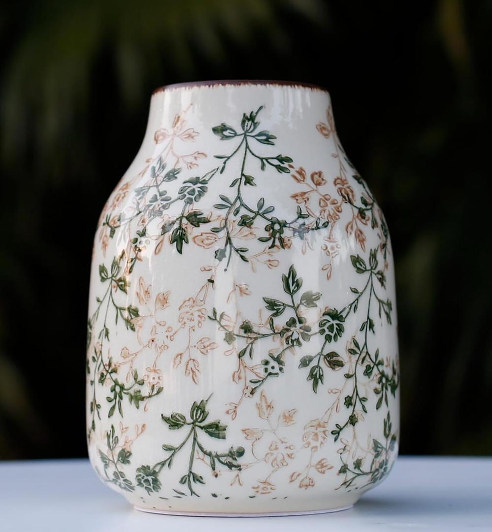 Vintage Green Ceramic Decorative Floral Vase for Flower Bouquet centerpieces Beige Ice Glazed Crack Farmhouse Rustic for Home Decor, Living Room, Shelf, Office, Table 7.7 Inches with Vine Pattern