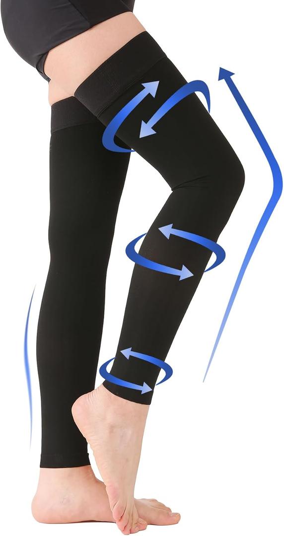 KEKING Thigh High Compression Stockings Footless, Unisex, 15-20mmHg Leg Support Compression Sleeves with Anti-Slip Silicone Band, Treatment Swelling, Varicose Veins, Edema, DVT, Black XX-Large (15-20mmhg Black Sleeve)