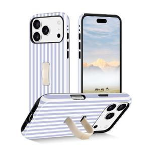 Jusy Stripes Phone Case Compatible with iPhone 17 Pro Max, with Finger Hand Strap Kickstand Shockproof Soft TPU Protective Cover for Women Girls, Blue and White