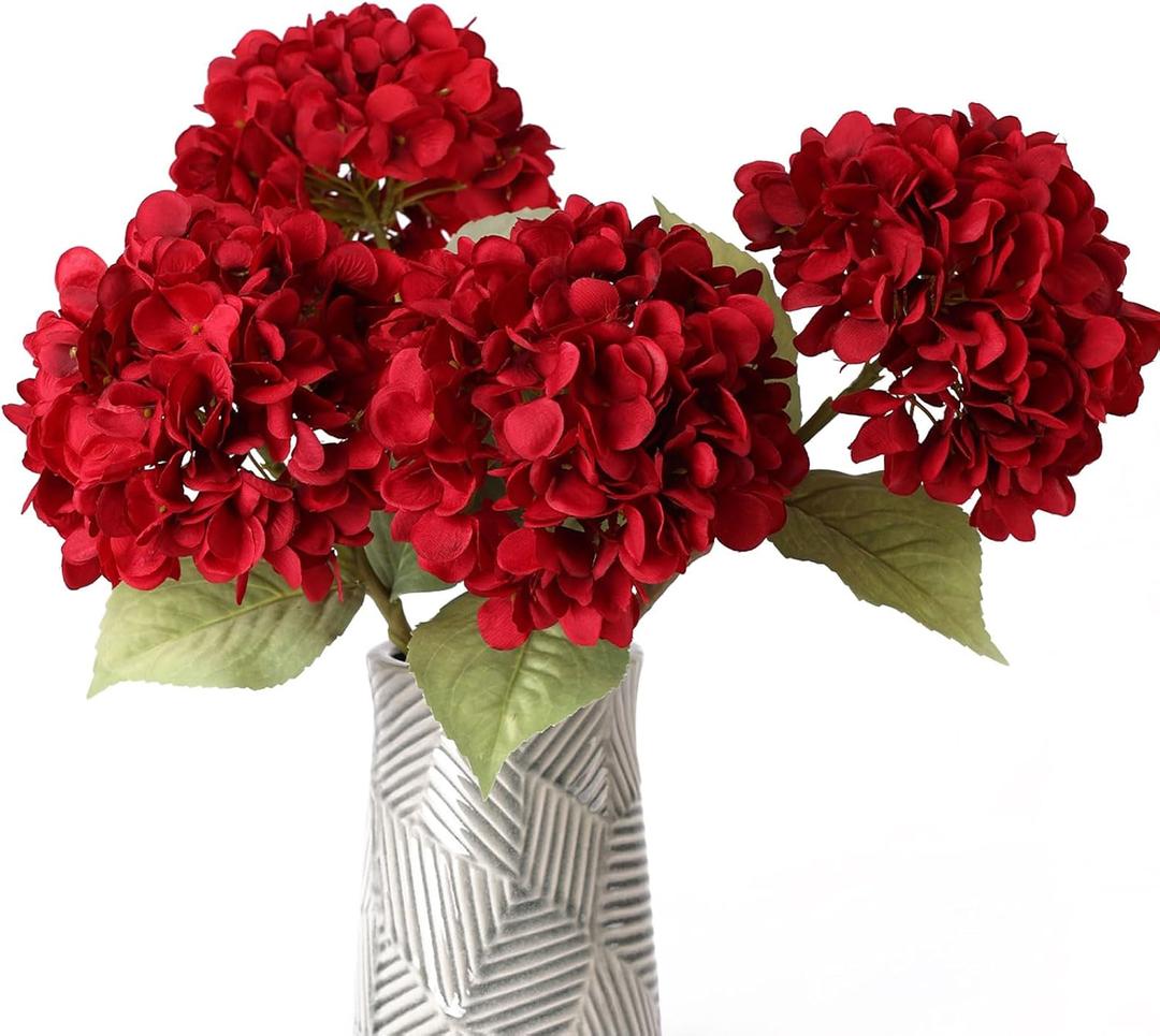 Mizii 4 Pcs Burgundy Artificial Hydrangea Flowers Large Fake Silk Hydrangea Flower with Leaves Stems Realistic Faux Hydrangeas Decorations for Wedding Table Centerpieces Vase Home Decor (Burgundy)