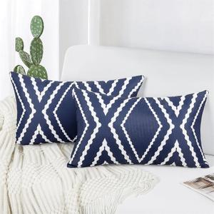 Adabana Outdoor Lumbar Waterproof Pillow Covers Set of 2 Boho Geometric Throw Pillows Cover for Patio Garden 12 x 20 Inch Navy Blue