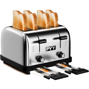PYY Commercial 4-Slice Toaster for Restaurant - 1.57 Inch Wide Slots, Stainless Steel Body, 6-Level Browning Setting, Removable Crumb Tray, 1800W (225 Slices/Hour) - Ideal for Bread, Bagels, Breakfast (gray)