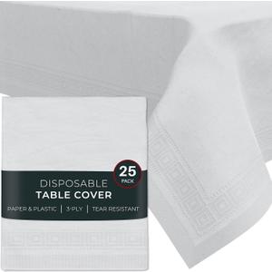HOUZZKINGZ USA White Paper Tablecloths for Rectangle Tables | 54' X 108' 25 Pack | 3-Ply Premium Paper & Plastic Table Cloths for Parties Disposable