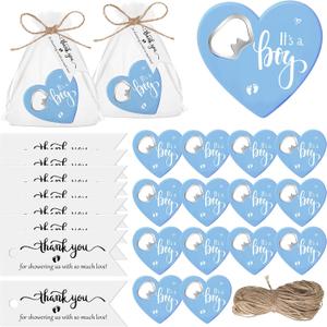 Funnymoom 25 Sets Baby Shower Favors for Guests Include 25 Heart Shaped Bottle Opener Fridge Magnet 25 Thank You Tags with Organza Bag and Twine Gender Reveal Gift Return Gift Baby Shower (Blue)