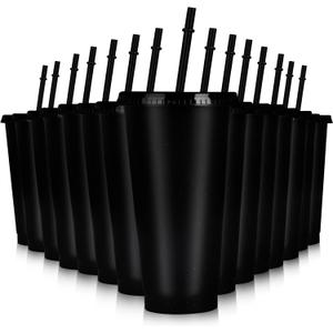 Hxezoc 16-Piece Reusable Cups with Lids and Straws, 24 oz Glitter Plastic Tumbler Iced Coffee Cups Travel Mug Cup for Smoothie Juices Beach or Bachelor Party (Black)