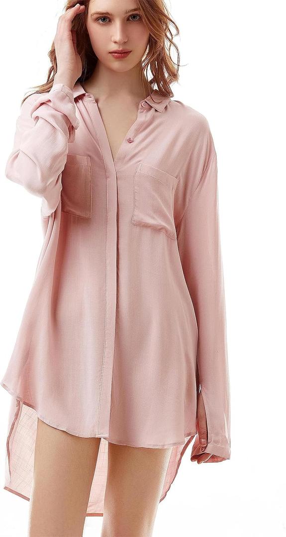 TOUSYEA Sleep Shirts for Women Button Down Shirts Long Sleeve Sleepwear Swimsuit Cover Ups Soft Pajama Tops (Pink, XXL)