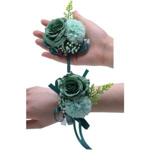 2 x Rose Flower Corsage and Boutonniere Set 2,Handmade Silk Flowers Corsage Wristlet Wedding Accessories for Brides,Bridal Shower Gifts,Prom Party Homecoming Bridesmaid Wedding Ornament(Blackish Green)