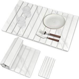 2 PCS Extra Large Stone Dish Drying Mat for Kitchen Counter, Foldable Quick Drying Dish Mats, Super Absorbent Drying Pad, Kitchen Counter Mats for Cups, Dishes, Bottles (White Marble 28"16" & 8"x4")