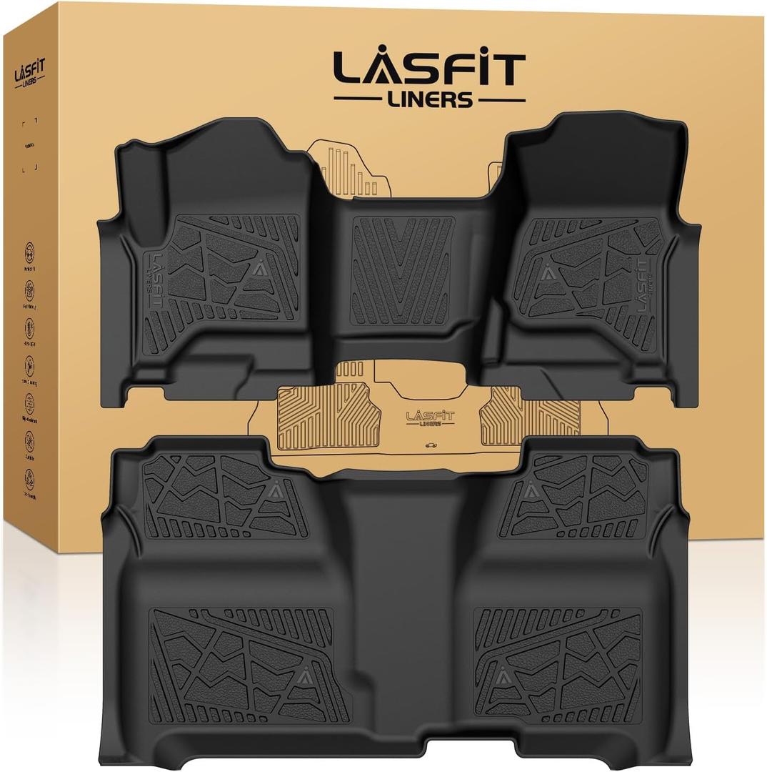 LASFIT Floor Mats 2014-2018 for Chevy Silverado/GMC Sierra 1500, 2015-2019 2500HD 3500HD, Crew Cab Only/Bench Seat, All Weather TPE Custom Fit Car Floor Liners, with Carpet Floor Only