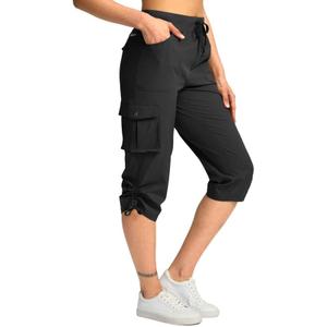 Pudolla Women's Cargo Capri Pants Lightweight Quick Dry Hiking Pants Summer Travel Casual Capris with 5 Pockets (Black Small)