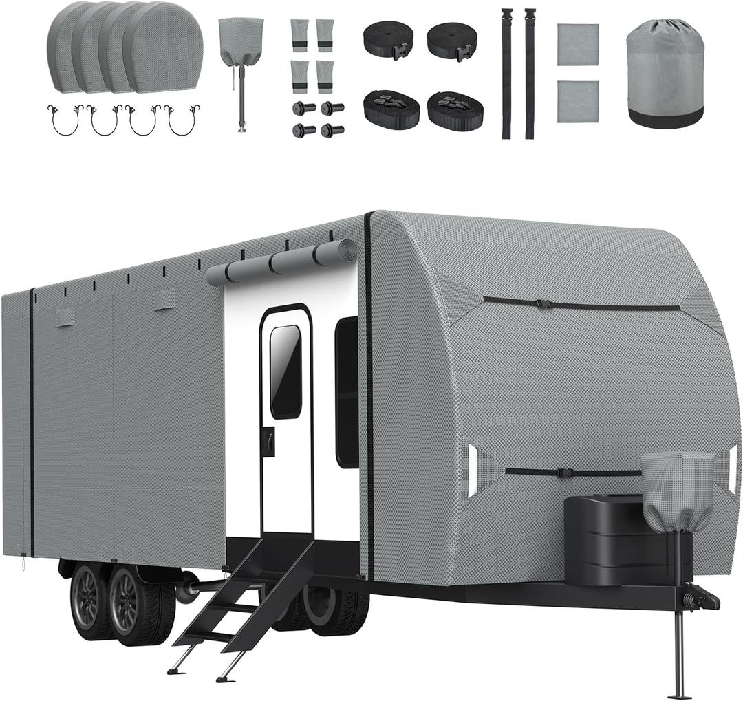 RV Cover, Upgraded Heavy Duty Waterproof RV Travel Trailer Cover Thick 7 Layers Top Fits 20'-22', Anti-UV & Windproof Camper Cover with Tongue Jack Cover, Tire Covers and Gutter Covers