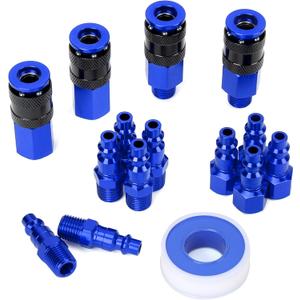 15 Pieces 1/4" NPT Aluminum Air Coupler and Plug Kit, Quick Connect Air Fittings, Industrial Quick Connector Set, (Blue)