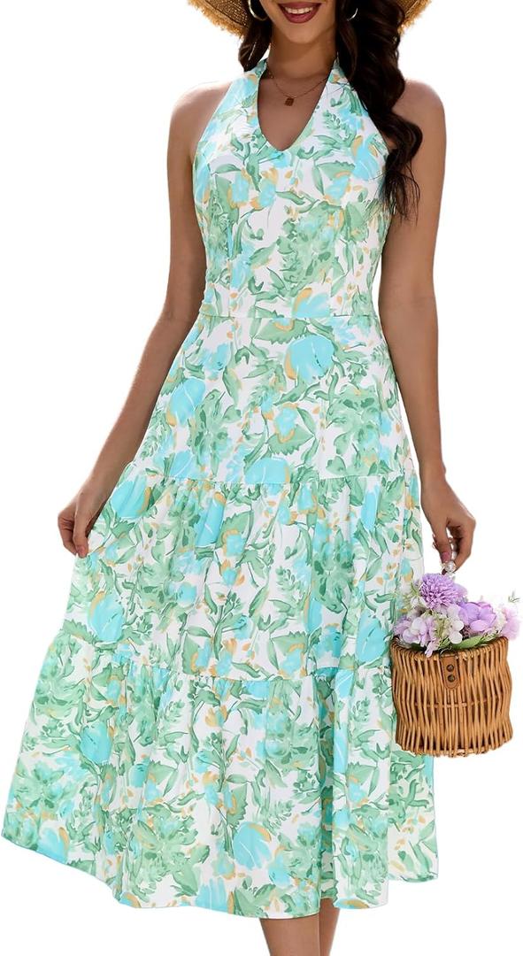 DRESSTELLS 2025 Women's Spring Dress Boho Halterneck Sleeveless Summer Floral Print Flowy A Line Maxi Dress for Beach Party Wedding Green, Size L