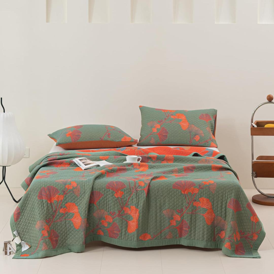 100% Cotton Muslin Blanket Jacquard Green Orange Floral Ginkgo Leaves Quilt, Soft Bed Cover Lightweight Breathable Gauzy Reversible Bedspread Coverlet Full/Queen (78"x94"), No Pillow Sham