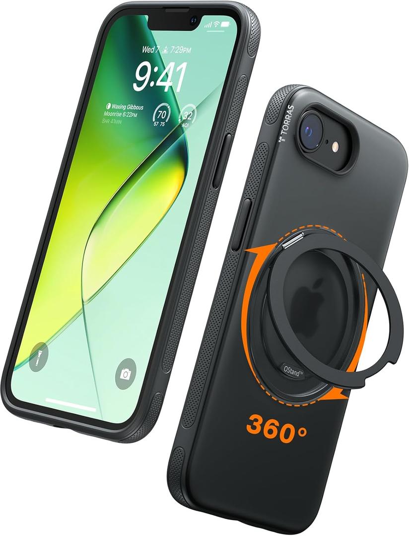 TORRAS 360 Magnetic Stand for iPhone 16e Case, [Fit for MagSafe] [Military-Grade Protection] Translucent Slim Case for iPhone 16e, Obsidian Black, Ostand O3 Fitness Series