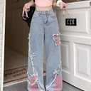 Y2K Baggy Ripped Jeans for Women Wide Leg Butterfly Print & Star Patch Distressed Denim Pants High Waist Streetwear (Blue) XL