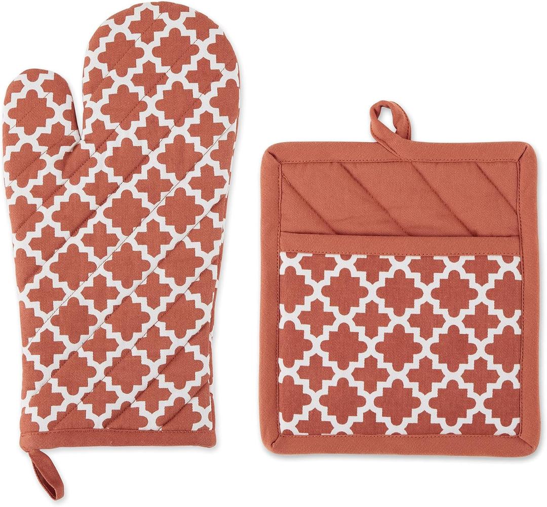 DII Lattice Basics Collection Kitchen Essentials, Oven Mitt & Potholder Set, Vintage Red, 2, Piece