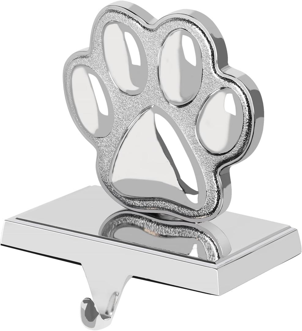 Fowecelt Dog Paw Christmas Stocking Holder, 3D Silver Metal Mantel Stocking Hanger for Mantel Shelf Stand Table Christmas Decor