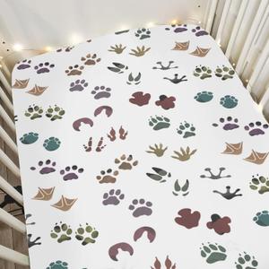 Cute Animal Tracks Baby Crib Sheets for Boy Girl 52"x28" Boho Animal Footprints Soft Snug Fitted Crib Mattress Covers Outdoor Wilderness Nursery Baby Sheet for Standard Crib & Toddler Bed Mattress (One size)