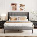 Queen Size Bed Frame with Wingback Headboard, Linen Upholstered Platform Bed Frame with Button Tufted Headboard, Wooden Slats Support, No Box Spring Needed, Easy Assembly, Dark Grey