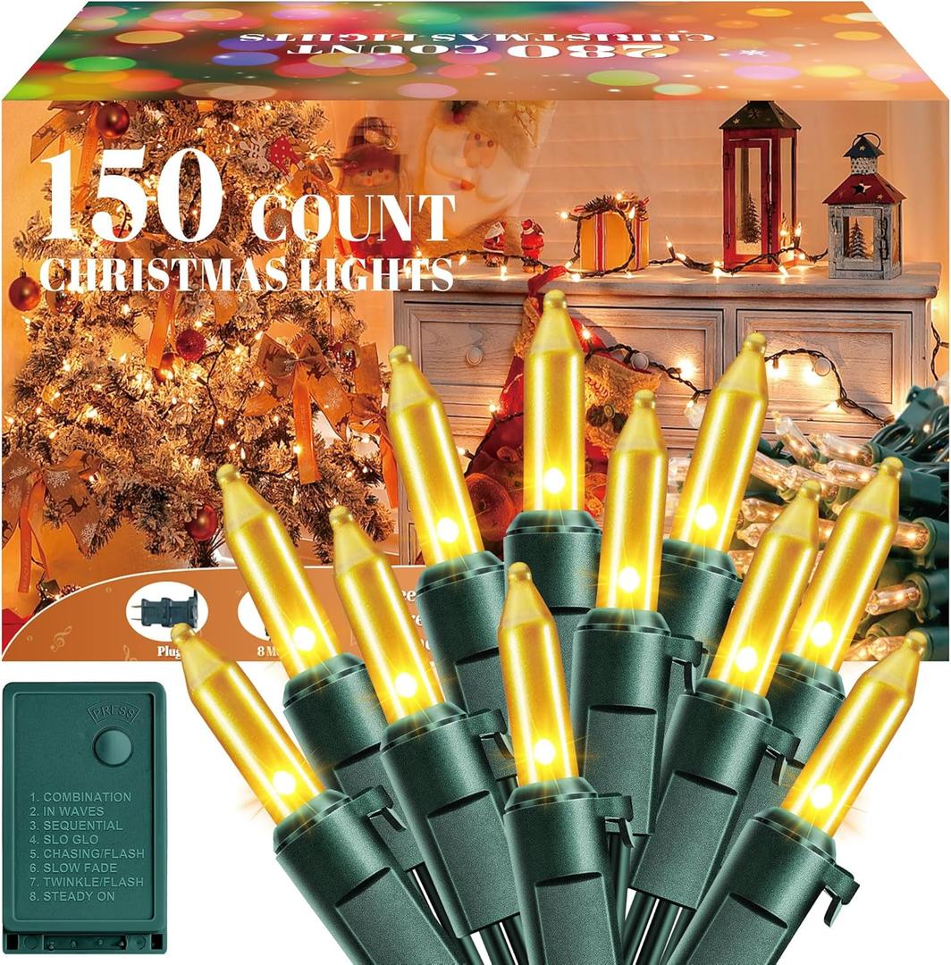 Meonum Chasing Christmas Lights, 8 Function Controller Clear Mini Bulbs Green Wire Indoor String Lights, 71 Feet Long Holiday Decor, for Christmas Tree (Gold, 150 Bulbs)