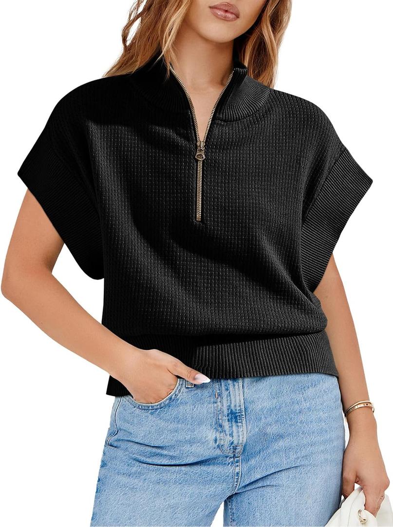 Langwyqu Womens Short Sleeve Cropped Knit Tops Half Zip Cap Sleeve Lightweight Oversized Sweater Vest (X-Large, Black)