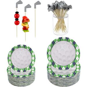 Puraikcmi 150Pcs Golf Party Supplies Paper Plates and Toothpicks Serve 25 Disposable Tableware Set for Birthday Party Decorations Game Day Family School Holiday Sports Events