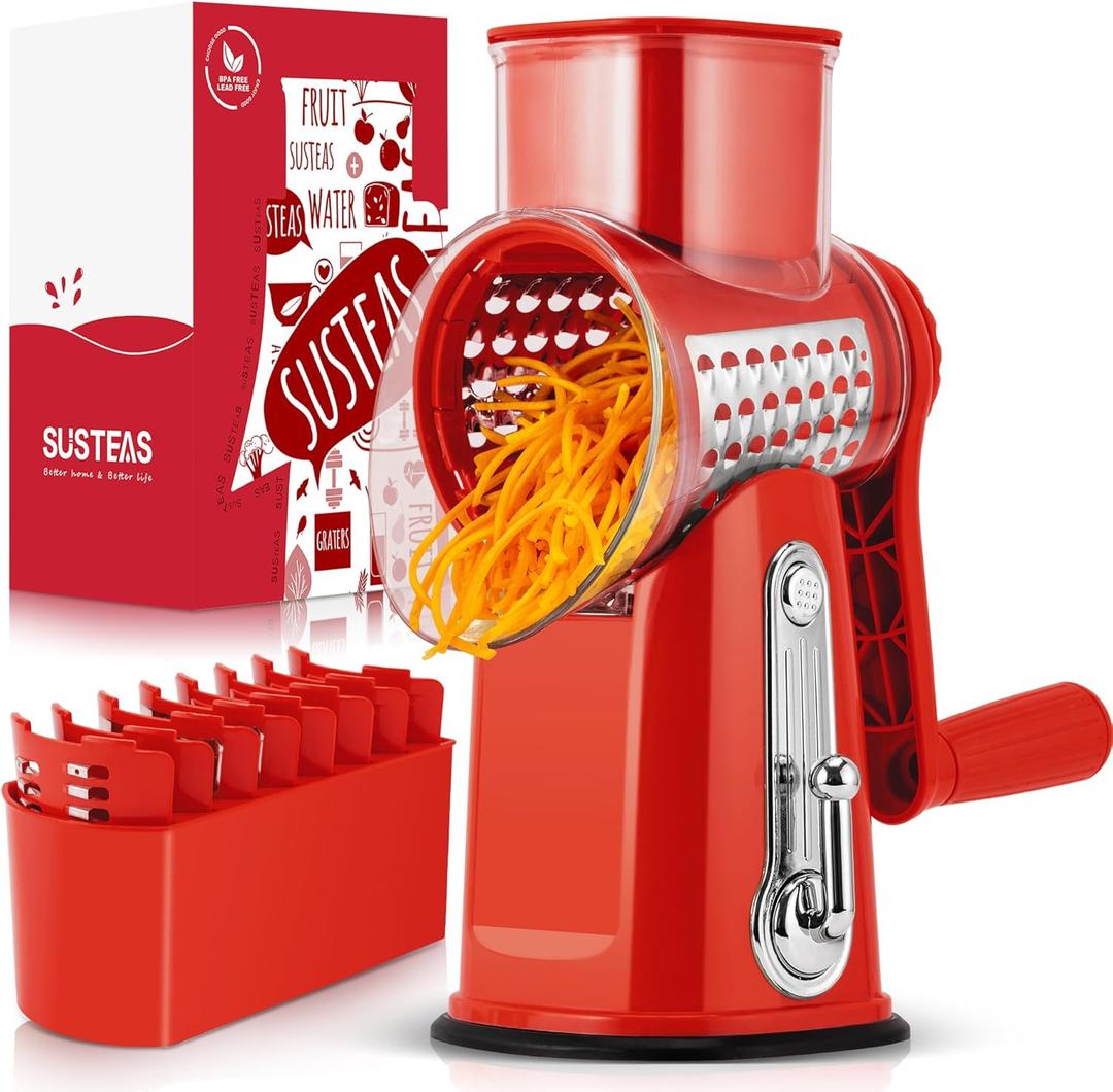 SUSTEAS Rotary Cheese Grater with Handle - Vegetable Shredder with 5 Well-designed Blades & Strong Suction Base,Round Mandoline Slicer & Food Chopper for Kitchen,with Blade Storage Box(Red)