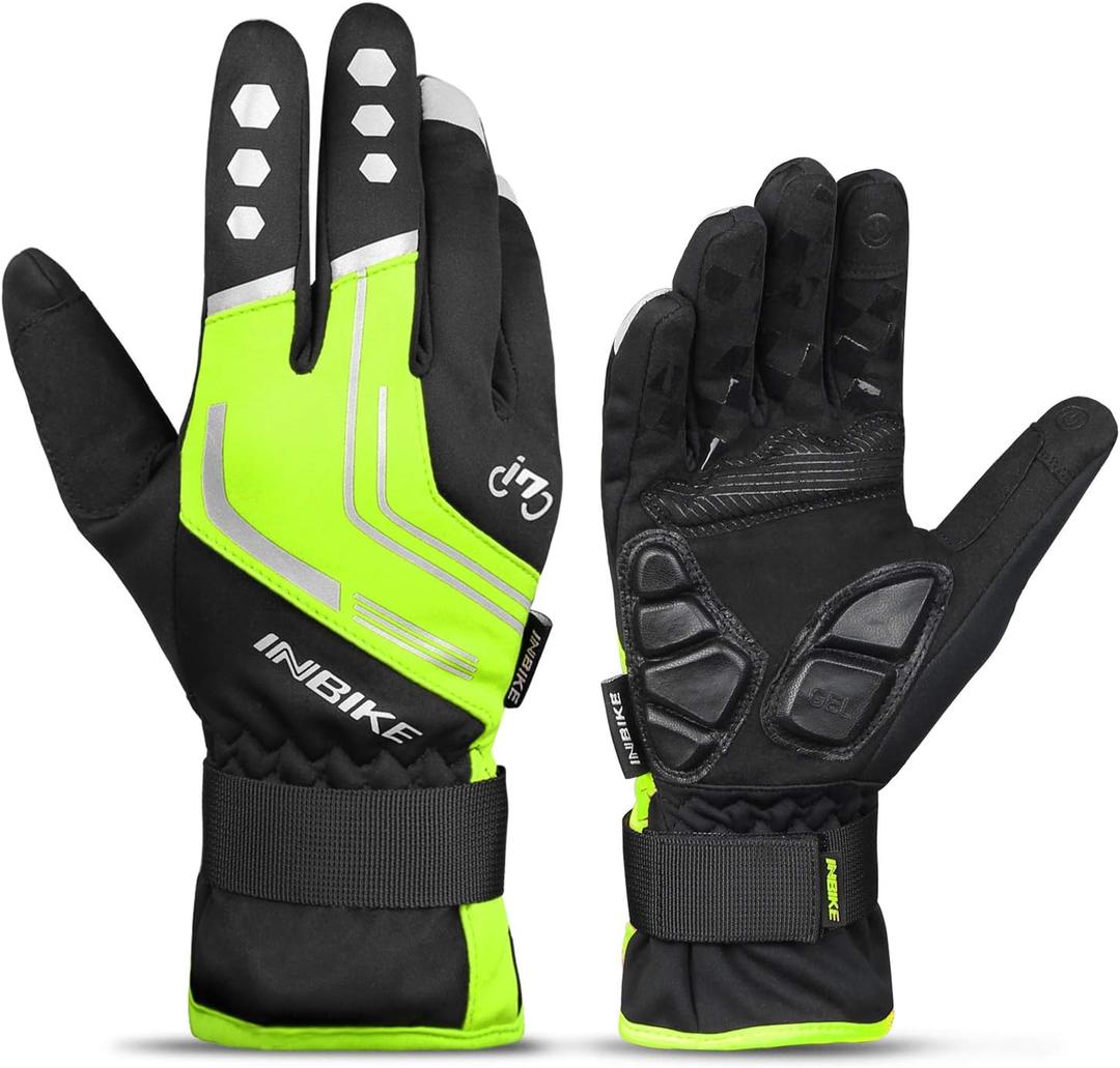 INBIKE Cycling Gloves for Men Winter Windproof Reflective Thermal Gel Pads Touch Screen Bike Gloves for Cold Weather Riding (X-Large, Green)