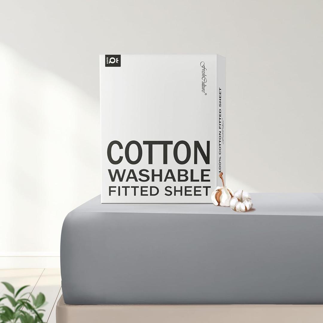 FreshCulture Pure Cotton Fitted Sheets Queen Size, 300 Thread Count Percale Sheets for Queen Size Bed, Soft & Breathable Cotton Sheets, Luxury Size Fitted Sheet Only (Light Grey)