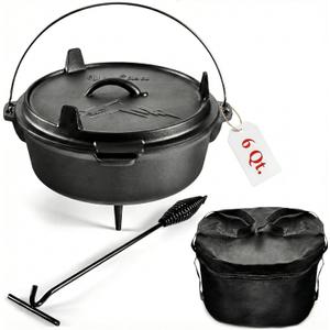 Uno Casa 6Qt Cast Iron Camping Dutch Oven with Lid Lifter and Storage Bag - Pre-Seasoned Outdoor Dutch Oven for Campfire Cooking, Stews, and Baking - Durable Cast Iron Pot for Camping and Hiking, Black